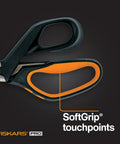 PowerArc Heavy Duty Shop Shears With Curved Serrated Blades And Extended Tang showing black and orange SoftGrip handle detail
