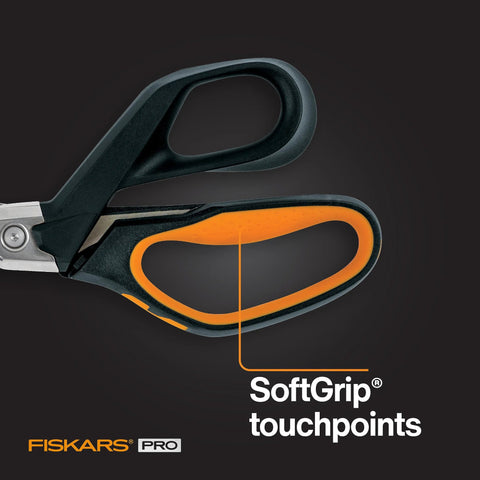 PowerArc Heavy Duty Shop Shears With Curved Serrated Blades And Extended Tang showing black and orange SoftGrip handle detail