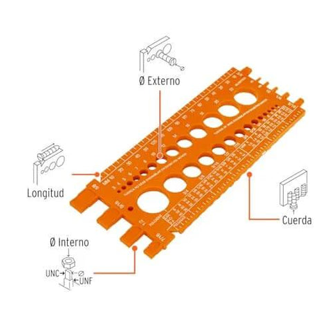 TRUPER Regla 22 Bolt Size Gauge for precise bolt diameter measurement in metalworking tools, orange tool with metric and inch sizes
