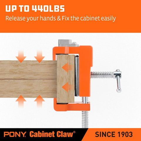 2 Pack Pony 8510 Cabinet Claw Face Frame Clamps for Cabinet Installation 440 LB Load Orange demonstrating clamp grip