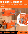2 Pack Pony 8510 Cabinet Claw Face Frame Clamps for Cabinet Installation 440 LB Load Orange showing alignment on wood
