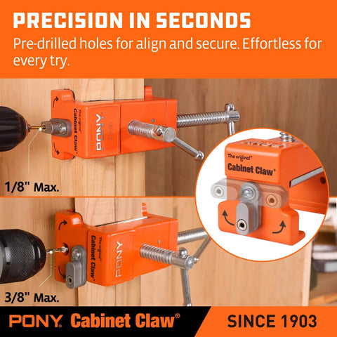 2 Pack Pony 8510 Cabinet Claw Face Frame Clamps for Cabinet Installation 440 LB Load Orange showing alignment on wood