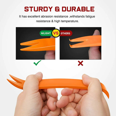 Hands holding an orange car panel removal tool from the 240 Piece Car Bumper Retainer Clips Kit With Plastic Rivets Fasteners For Toyota Honda Acura GM Ford Chrysler Door Trim Panel Clips Heavy Duty Auto Fastener Set Easy Removal Save Time And Money 2 Years Warranty, demonstrating sturdiness and durability.