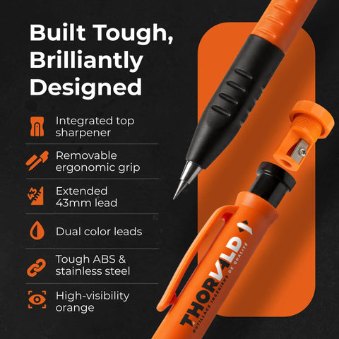 On-site marking made effortless with this 3-in-1 carpenter pencil featuring a removable ergonomic grip and built-in sharpener.