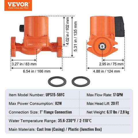 High Flow Cast Iron Circulation Pump For Home Heating And Hot Water Recirculation, 17 GPM, 1 Inch Flange, Three Speed Settings