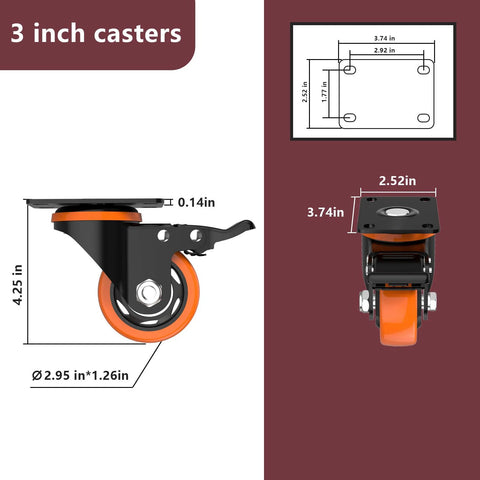 3 Inch Orange Caster Wheels Set Of 4 Heavy Duty Locking Industrial Swivel Top Plate Casters With Brake 2300 Lb Capacity For Furniture Workbench And Cart Includes Two Hardware Kits Plus