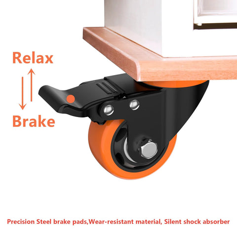 Close-up of 3 Inch Orange Caster Wheels Set Of 4 Heavy Duty Locking Industrial Swivel Top Plate Casters With Brake 2300 Lb Capacity