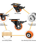 3 Inch Orange Caster Wheels Set Of 4 Heavy Duty Locking Industrial Swivel Top Plate Casters With Brake 2300 Lb Capacity For Furniture Workbench And Cart Includes Two Hardware Kits Plus features diagram showing components and uses, including 360° rotation, heavy-duty ball bearings, and non-marking design.