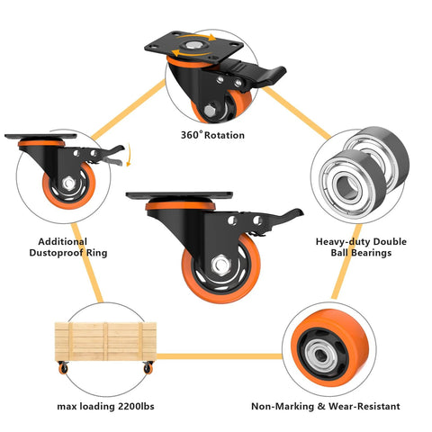 3 Inch Orange Caster Wheels Set Of 4 Heavy Duty Locking Industrial Swivel Top Plate Casters With Brake 2300 Lb Capacity For Furniture Workbench And Cart Includes Two Hardware Kits Plus features diagram showing components and uses, including 360° rotation, heavy-duty ball bearings, and non-marking design.