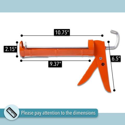 Caulking Gun With Ten To One Thrust Ratio No Drip Design For Precise Bead Control shown with dimensions