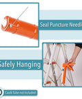 Caulking Gun With Ten To One Thrust Ratio No Drip Design for precise bead control, seal puncture needle, hanging on ladder.