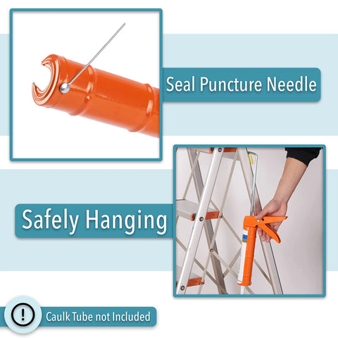 Caulking Gun With Ten To One Thrust Ratio No Drip Design for precise bead control, seal puncture needle, hanging on ladder.