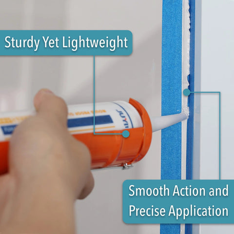 Person using Caulking Gun With Ten To One Thrust Ratio No Drip Design For Precise Bead Control on a sealed edge