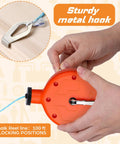 Two Pack 100 Ft Chalk Line Tool Reels Set With Portable PP Case Bright Orange For Construction Woodworking Decoration And Bricklaying To Help You Draw Straight Lines Clearly On Jobsites, showing hands using a chalk reel with sturdy metal hook.