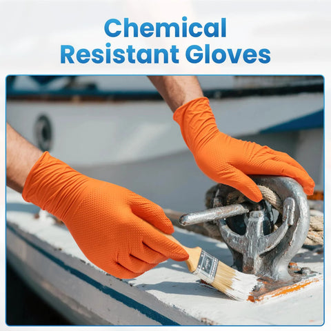 Person wearing orange 8 Mil Nitrile Disposable Gloves Heavy Duty Mechanic Large 100 Count Powder Free while painting metal part.