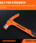 Heavy duty 20 oz straight claw hammer with magnetic nail holder, milled face, and one-piece forged steel build plus a shock absorbing grip