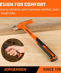 Heavy duty 20 oz straight claw hammer with magnetic nail holder, milled face, one-piece forged steel, shock absorbing grip.