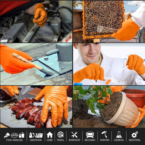 8 Mil Orange Diamond Textured Nitrile Disposable Gloves Medium 3 Boxes 100 in various work scenarios, including automotive and food preparation.