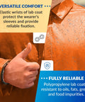 Close-up of orange disposable lab coat showing elastic wrist and water resistance, highlighting comfort and reliability.