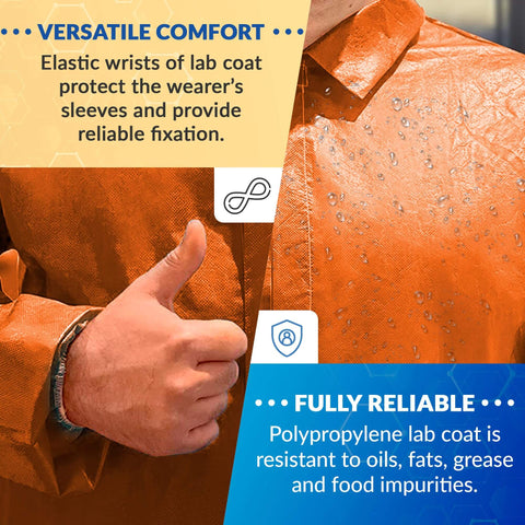 Close-up of orange disposable lab coat showing elastic wrist and water resistance, highlighting comfort and reliability.