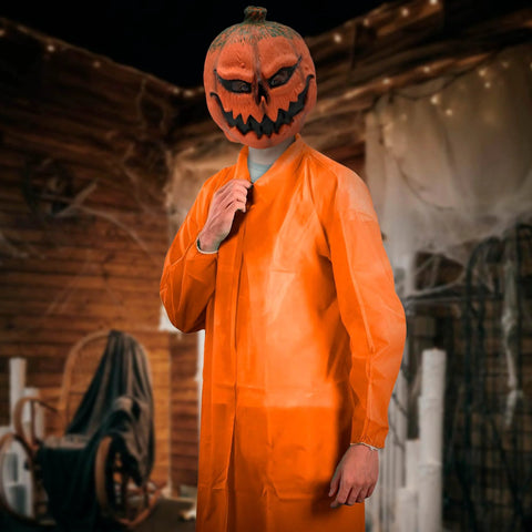 Halloween scene with person wearing Orange Disposable Lab Coats For Adults 3X-Large Pack Of 10 Pro Grade With Hook And Loop Closure.