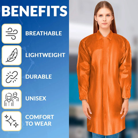 Orange Disposable Lab Coats For Adults 3X-Large Pack Of 10 Pro Grade With Hook And Loop Closure No Pockets Made From Polyethylene Coated Polypropylene Great For Painting Lab Work And Cleanups