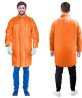 Front and back view of Orange Disposable Lab Coats For Adults 3X-Large Pack Of 10 Pro Grade With Hook And Loop Closure No Pockets.