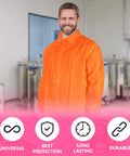 Man wearing large orange disposable lab jacket in lab setting, featuring elastic wrists, snap front, and collar for liquid protection.