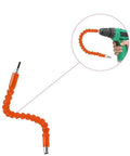 Electric Drill Universal Joint With 300mm Orange Flexible Shaft for hand drill, shown attached, 360 degree bending for tight spaces.