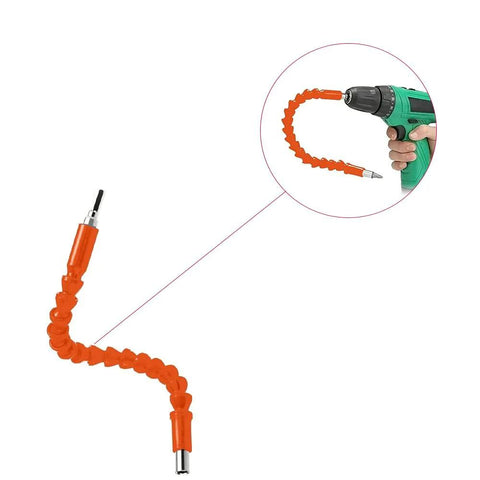 Electric Drill Universal Joint With 300mm Orange Flexible Shaft for hand drill, shown attached, 360 degree bending for tight spaces.