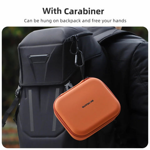 DJI Neo 2 Drone Storage Bag And Protective Travel Case, black case attached to backpack with carabiner