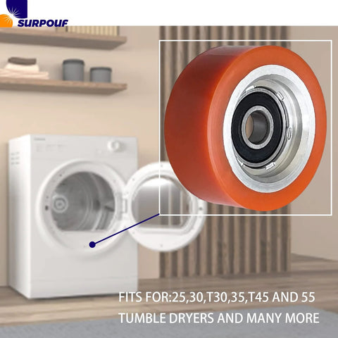 Orange Drum Roller Bearing Replacement for Alliance Huebsch IPSO Dryers, compatible with multiple models, shown in laundry setting.