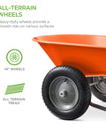 Dual Wheel Home Utility Yard Wheelbarrow Garden Cart with Built In Stand 5 Cubic Foot Capacity 330 lb Load Orange wheel detail