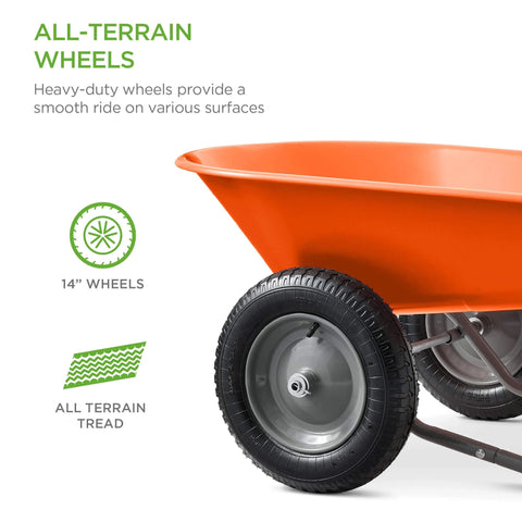 Dual Wheel Home Utility Yard Wheelbarrow Garden Cart with Built In Stand 5 Cubic Foot Capacity 330 lb Load Orange wheel detail