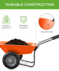 Dual Wheel Home Utility Yard Wheelbarrow Garden Cart with Built In Stand 5 Cubic Foot Capacity 330 lb Load Orange