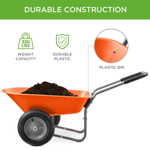 Dual Wheel Home Utility Yard Wheelbarrow Garden Cart with Built In Stand 5 Cubic Foot Capacity 330 lb Load Orange