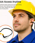 Man wearing orange banded earplugs with neck band for shooting range, demonstrating usage and convenience.