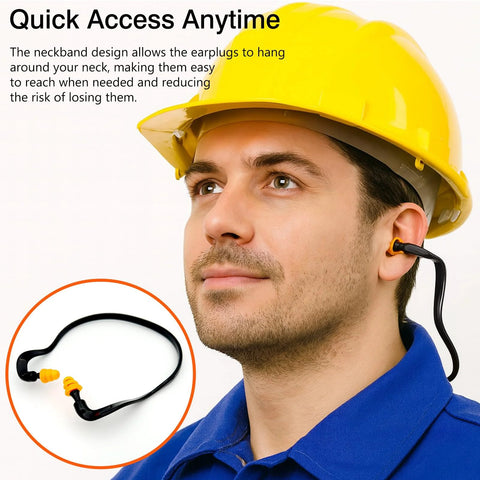 Man wearing orange banded earplugs with neck band for shooting range, demonstrating usage and convenience.