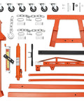 Heavy Duty Beefy 4000 Lb Engine Hoist With Lever And Tilting Boom Folding Cherry Picker Hydraulic Engine Lift Shop Crane On 6 Iron Caster Wheels Telescopic Boom 2 Ton Orange GarveeTech parts laid out.