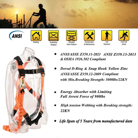 Industrial Fall Protection Safety Harness With 6-Foot Shock Absorber Lanyard for construction and roofing, ANSI compliant