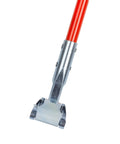 Close-up of Pro Grade Long Reach Dust Mop Handle With Clip On Connector for Floor Cleaning, orange fiberglass frame, 360-degree coverage.