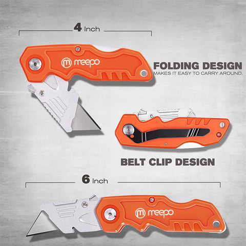 4 Pack Heavy Duty Folding Box Cutter Set With Razor Sharp Blades And Comfortable Handle Includes Ten Extra Blades