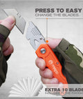 Person changing blade in 4 Pack Heavy Duty Folding Box Cutter Set With Razor Sharp Blades And Comfortable Handle Includes Ten Extra Blades