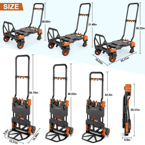 ✝️ 330LB Folding Hand Truck Heavy Duty Carrying, Combination of Four Wheels and Two Wheels Convertible Dolly Cart with Retractable Handle Dolly, Orange