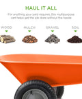 Orange Dual Wheel Home Utility Yard Wheelbarrow for hauling wood, mulch, gravel, and soil, suitable for gardening and construction.