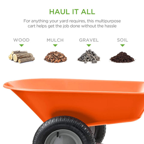 Orange Dual Wheel Home Utility Yard Wheelbarrow for hauling wood, mulch, gravel, and soil, suitable for gardening and construction.