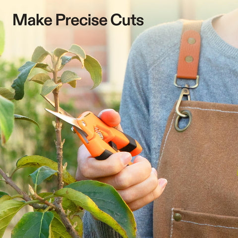 Person using 6.5 Inch Gardening Scissors Hand Pruner Pruning Shear With Straight Stainless Steel Blades Orange 1 Pack on plant