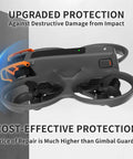 Gimbal Guard And Bumper For Avata 2 FPV Drone, Aluminum Alloy Protection Bar in orange installed on a drone, side view.