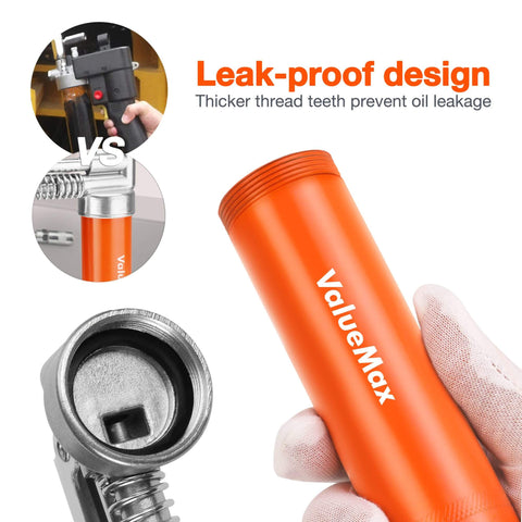 Close-up of Mini Grease Gun Kit 3500 PSI with 3 oz grease, showing leak-proof design and orange ValueMax cylinder.