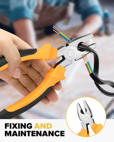 Cutting pliers from 24 Piece Home DIY Tool Kit With Storage Case For Household Office And Garage, shown cutting black wires.
